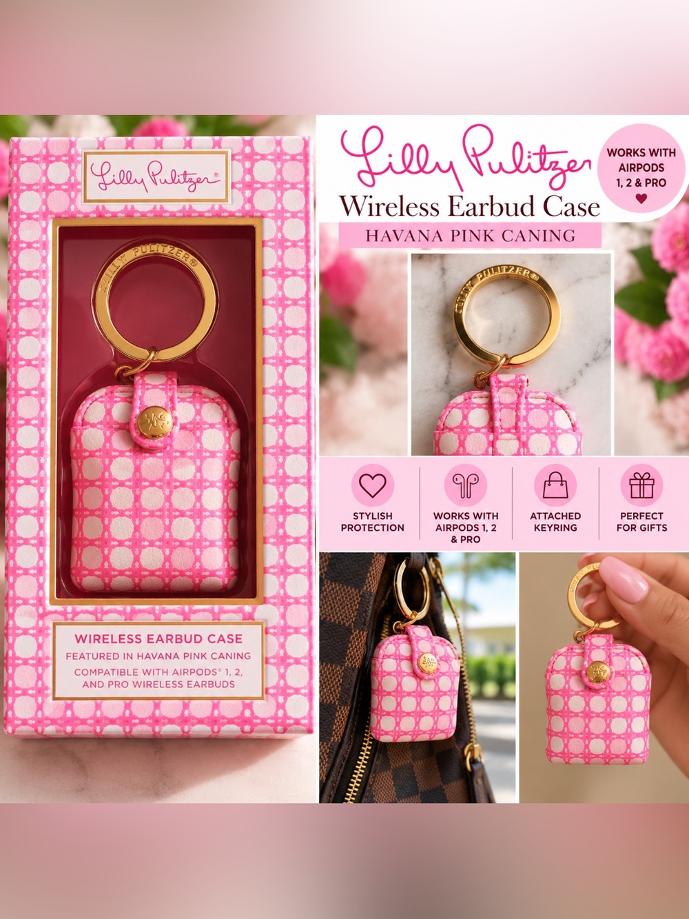 (#18) Lilly Pulitzer Havana Pink Caning Wireless Earbud AirPods Case Keychain
